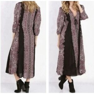 Free People Boho Maxi Dress Black Floral Print Peasant V Neck Midi Small